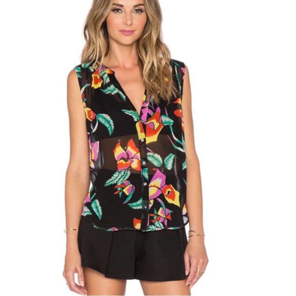 Joie Finnegan 🌺 100% Silk Tank Top Blouse in Caviar Black Tropical Floral S